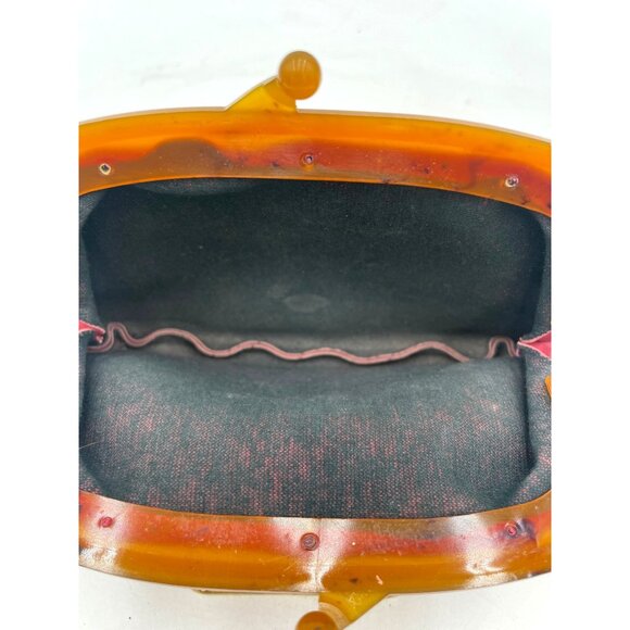 Vintage Red Leather Kiss Lock Clutch Purse Lucite Amber Frame & Black Lining - Picture 4 of 5
